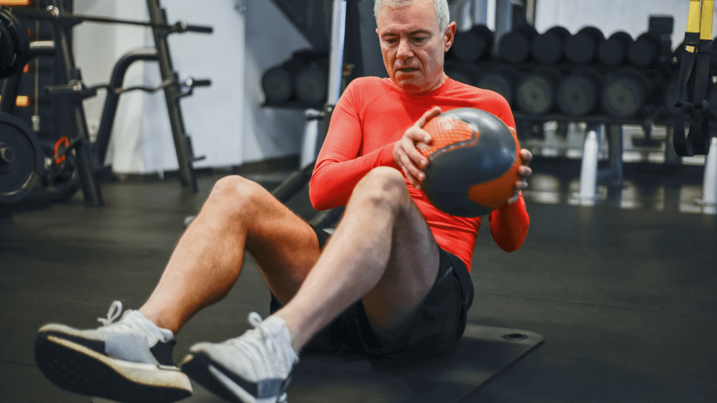 An elderly person engaging in side crunches, highlighting the relevance of 'How Long Does Pre Workout Take to Kick In' within the context of Factors Affecting Timing.