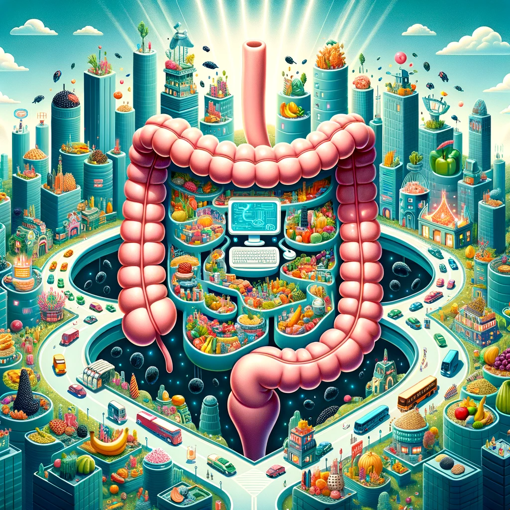 The Gut Connection." The human gut is visualized as a central command hub within a vibrant metropolis, emphasizing its critical role in regulating our body. The city's infrastructure, built from nutritious foods, powers the command center, highlighting the importance of a balanced diet for a robust immune system.