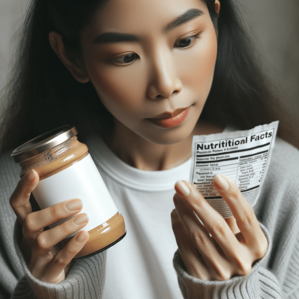 Photo of a woman with Asian descent reading the nutritional facts on a jar of peanut butter, highlighting protein, fats, and vitamins.