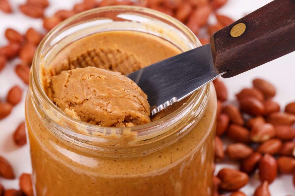 Close-up of a jar of smooth peanut butter