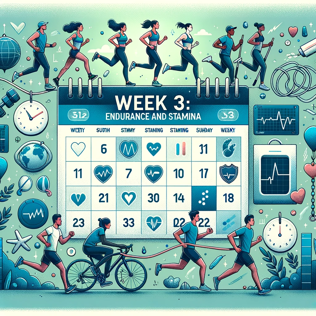 Week 3 banner on Knockoutblog's fitness challenge page highlighting training for stamina and endurance.
