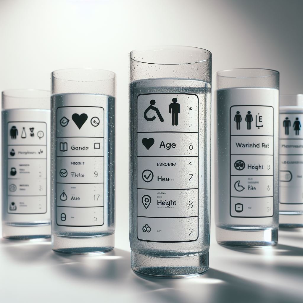 An image representing the concept of understanding personalized hydration. Icons of water droplets, a person, and a personalized calculator convey the idea of tailoring hydration needs for individual wellness. 